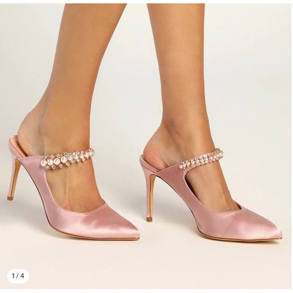 Lulus Shoes - Lulus Sephoraa Rose Gold Pearl Crystal Embellished Pointed Toe Mules Heels 5 NEW